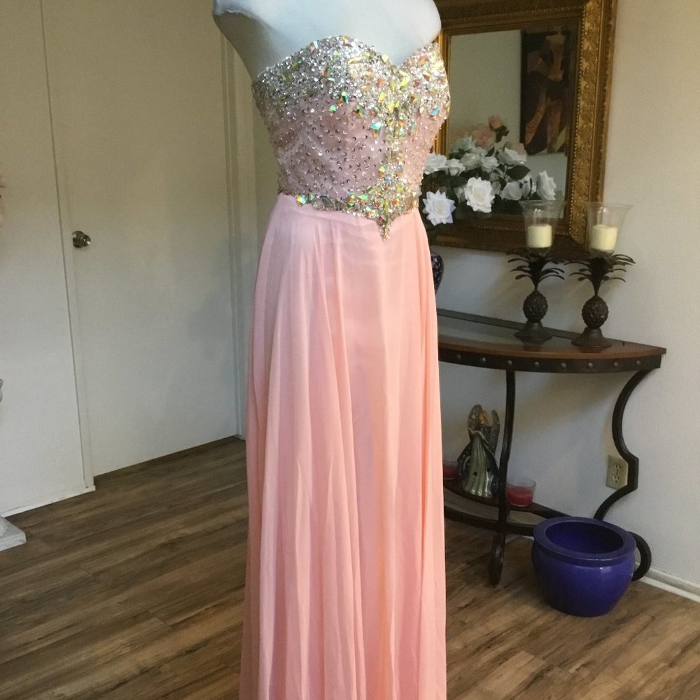 DANCING QUEEN Formal Party Strapless Long Dress Rhinestones Corset Coral S
